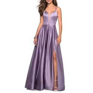 La Femme 26994 Lavender Strappy Back Satin Plunge Neck Formal Ballgown Sz 4 NWT